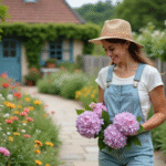 Femme en overalls arrangeant hortensias dans le jardin