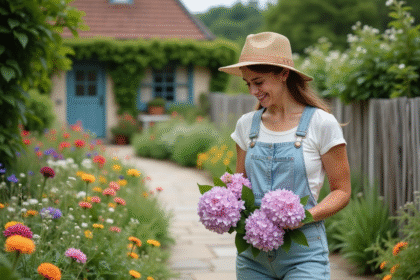 Femme en overalls arrangeant hortensias dans le jardin