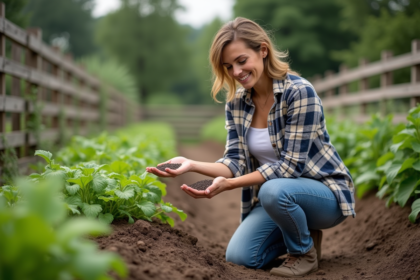 Femme inspectant des graines dans un jardin coloré