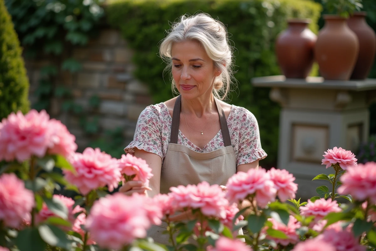 Femme jardinant un arbuste fleuri rose au printemps dans un jardin romantique avec mur en pierre