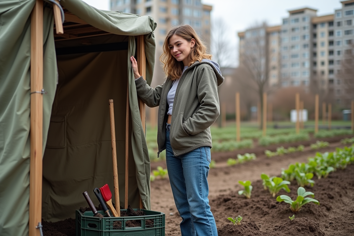 Jeune femme organisant des outils dans un abri de jardin