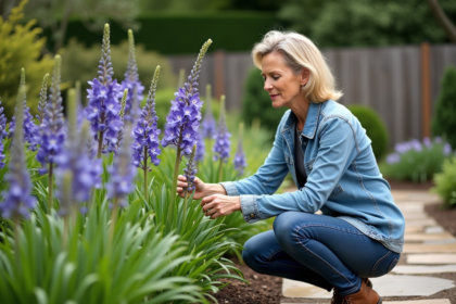 Femme en jardinage examine delphiniums en extérieur