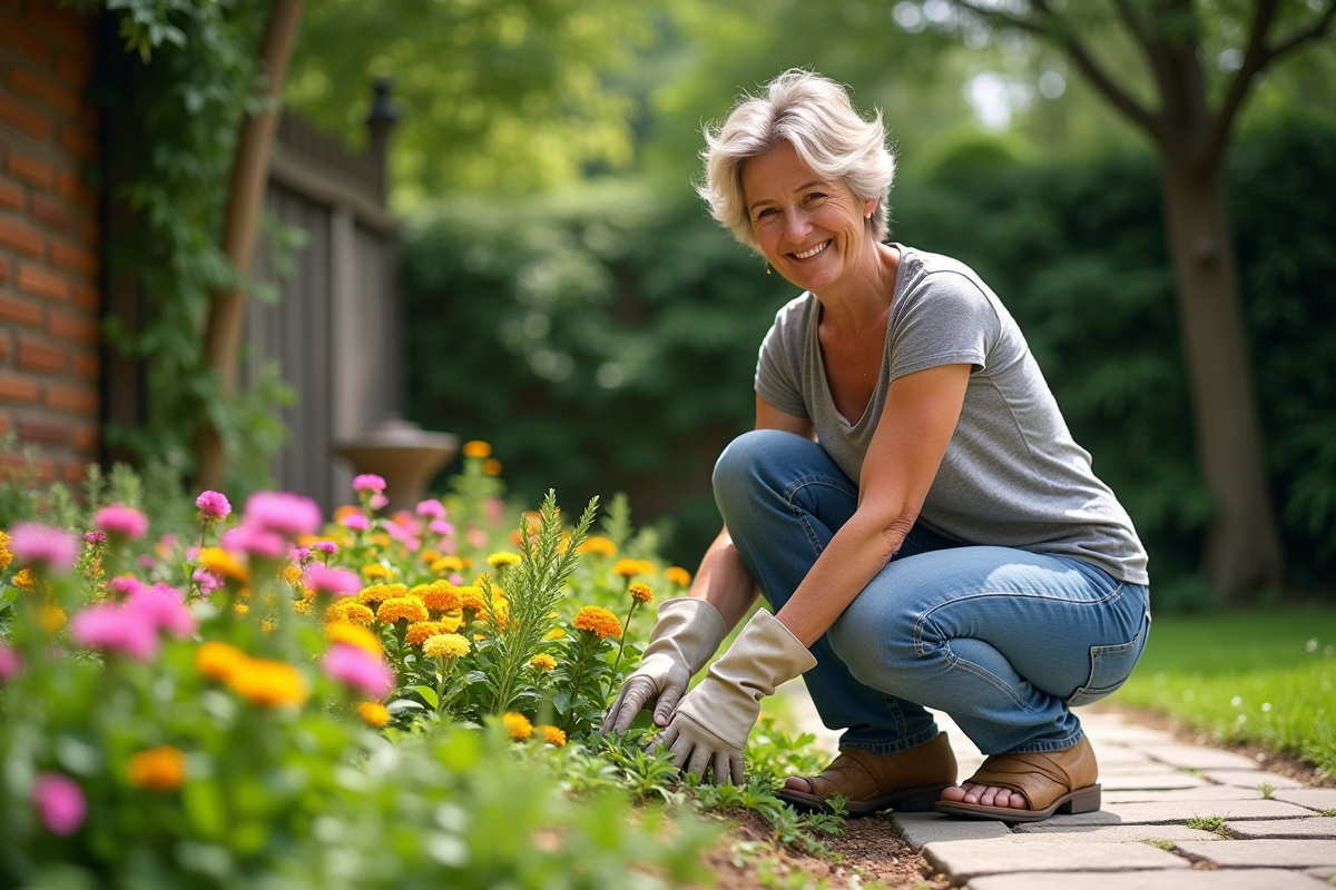 Femme d'âge moyen en été dans le jardin en train de soigner des plantes