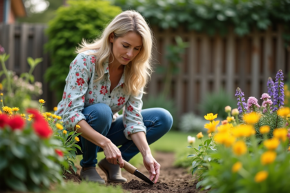 Femme d'âge moyen plantant des fleurs dans un jardin