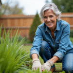 Femme souriante en jardinage dans un jardin soigné