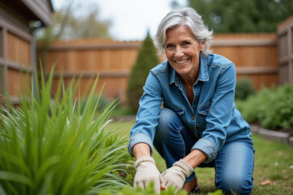 Femme souriante en jardinage dans un jardin soigné