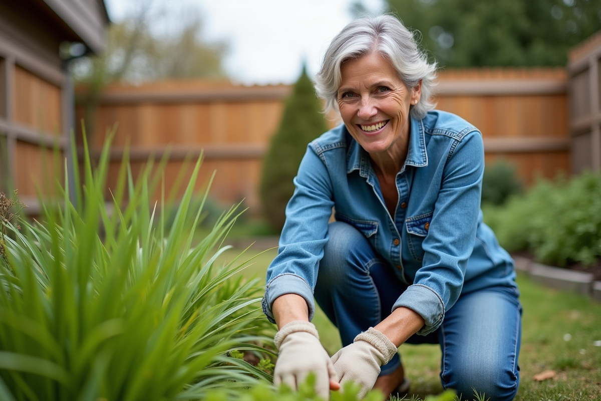 Femme souriante en jardinage dans un jardin soigné
