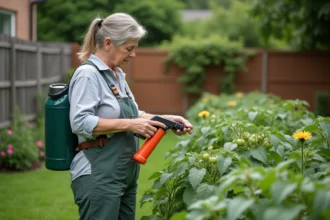 Femme en vêtements de jardinage pulvérisant insecticide sur des tomates vertes