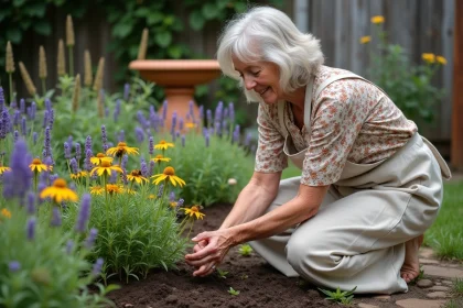 Femme jardinant dans une bordure de fleurs sauvages avec des abeilles pollinisant la lavande et le rudbeckia dans un jardin résidentiel en été
