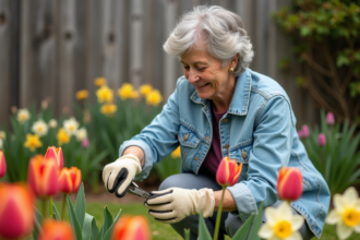 Femme en denim taillant des fleurs au jardin