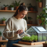 Femme en intérieur arrosant des semis dans une serre