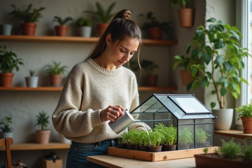 Femme en intérieur arrosant des semis dans une serre