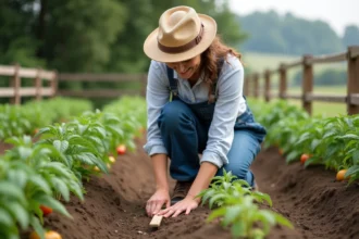 Femme en overalls mesurant des plants de tomates dans un jardin