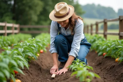 Femme en overalls mesurant des plants de tomates dans un jardin