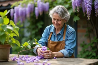 Femme en jardinage avec une glycine en fleurs