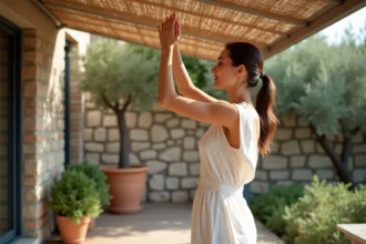 Femme en robe en lin ajustant une canisse sur une pergola moderne