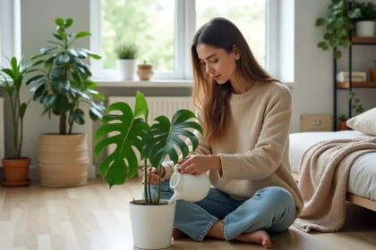 Jeune femme arrosant une plante monstera dans un salon lumineux