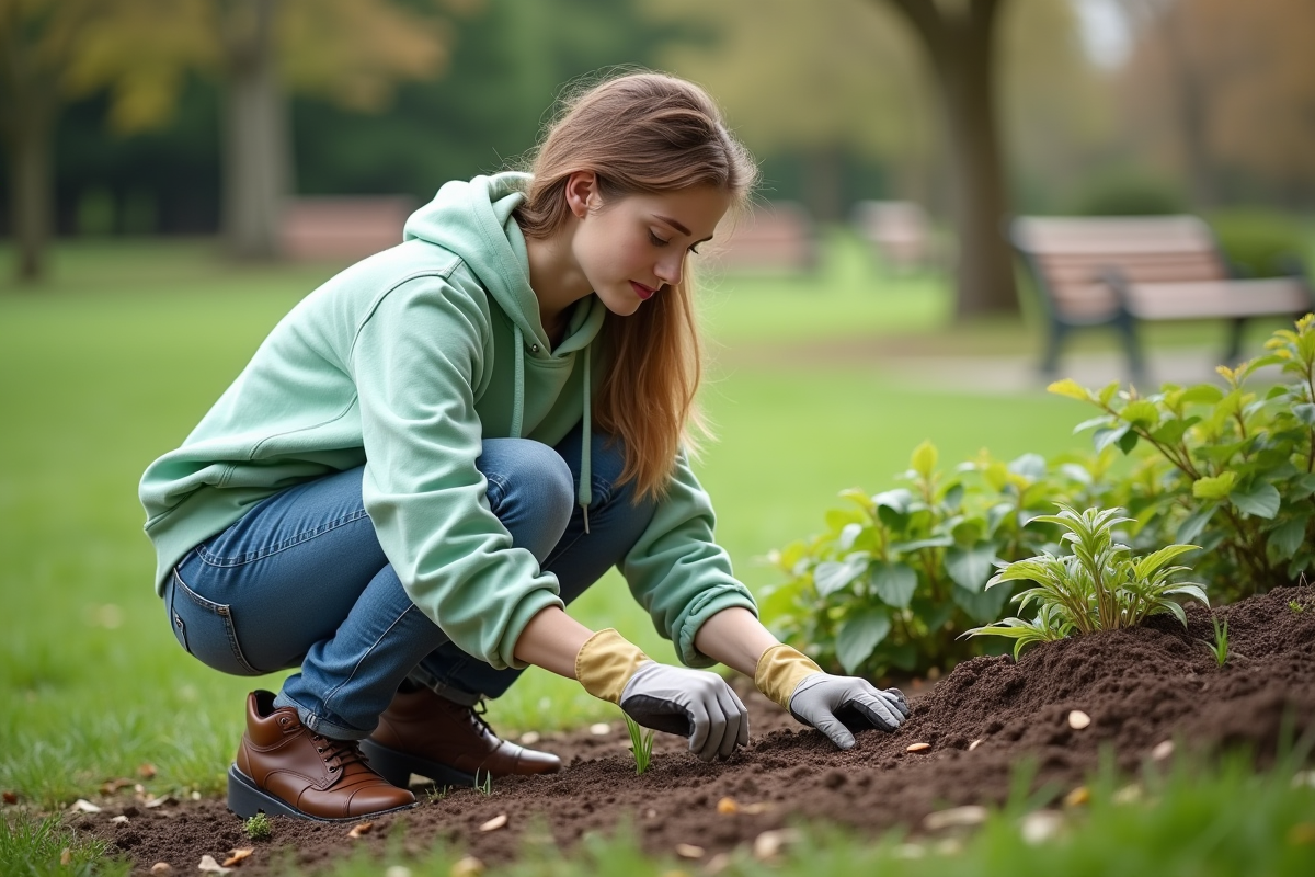 Jeune femme en jardinant dans un parc avec des graines