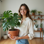 Jeune femme avec plante monstera dans un intérieur moderne