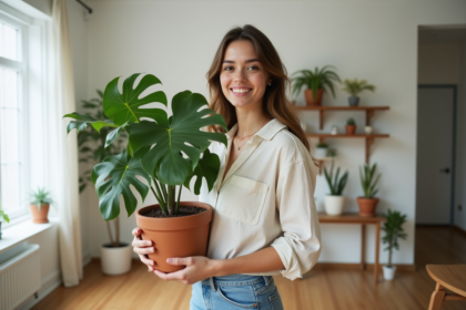 Jeune femme avec plante monstera dans un intérieur moderne