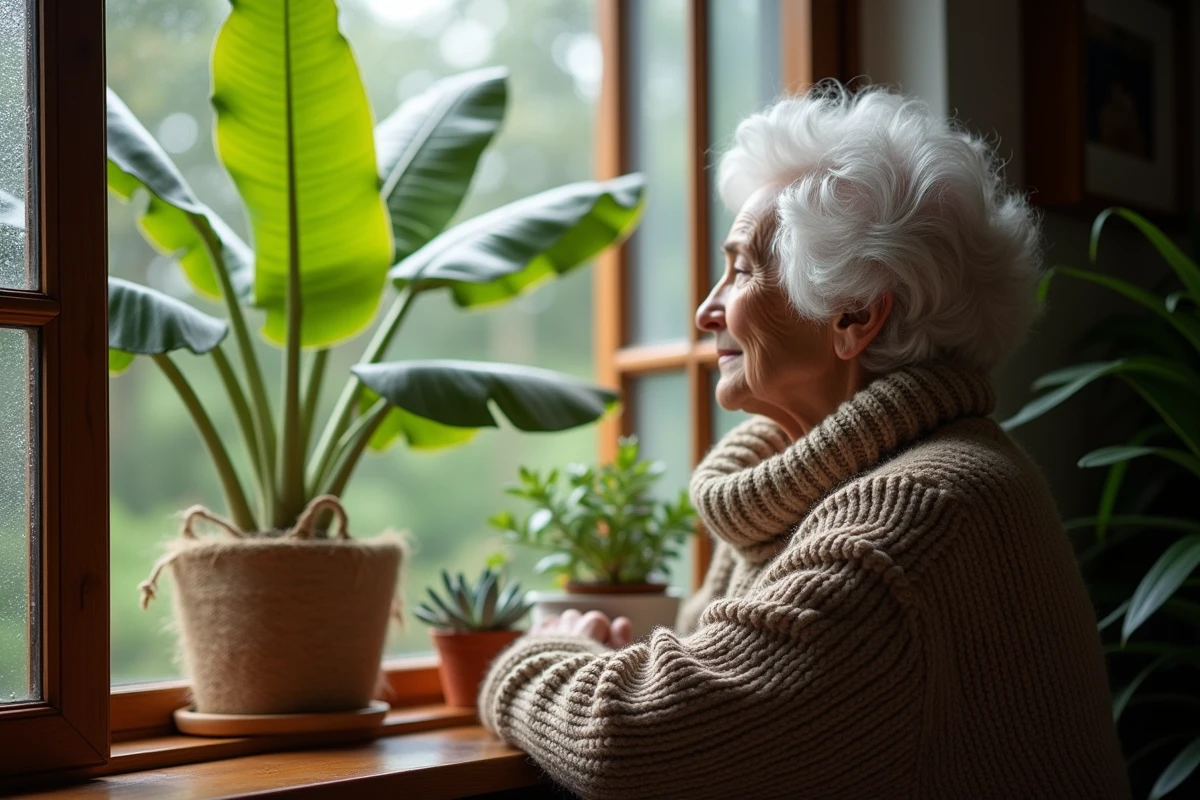 Femme âgée regardant son bananier protégé par un sac en burlap
