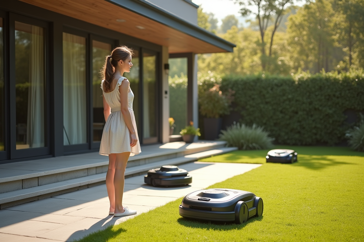 Jeune femme observe plusieurs tondeuses robot dans son jardin