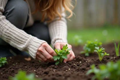 Femme semant du persil dans un jardin au printemps