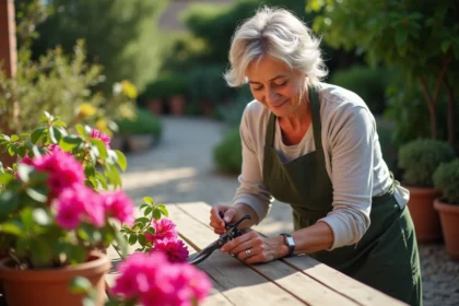 Femme en jardinage taillant bougainvillée en plein soleil