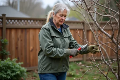Femme taillant un crepe myrtle dans son jardin
