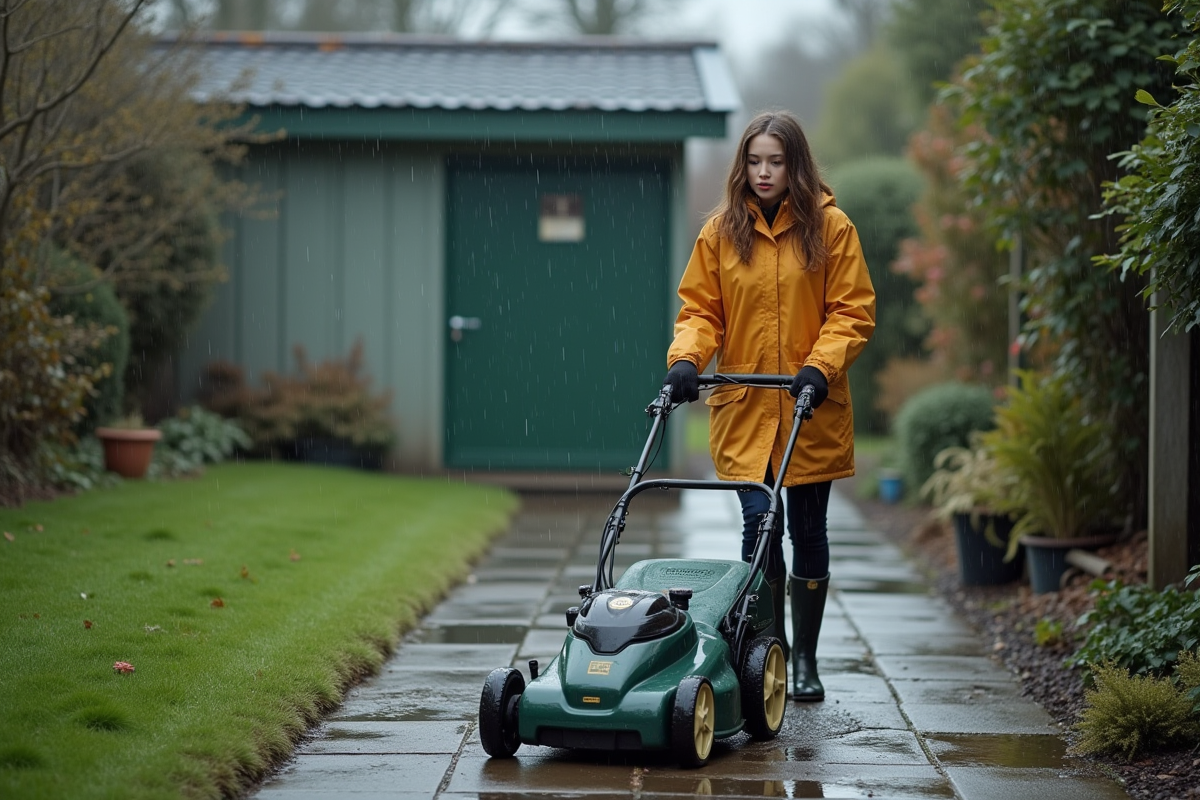 Jeune femme tirant une tondeuse mouillée vers le cabanon