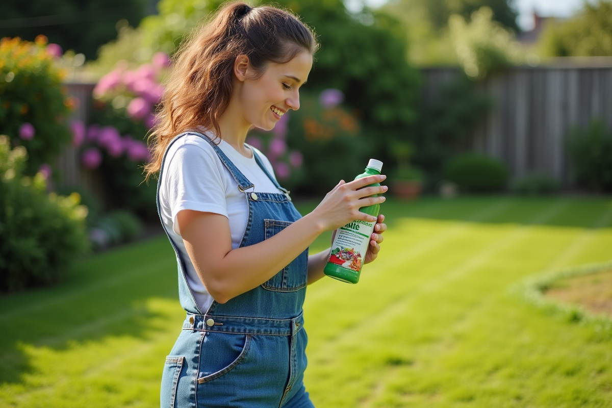 Jeune femme tenant un traitement antimousse dans son jardin