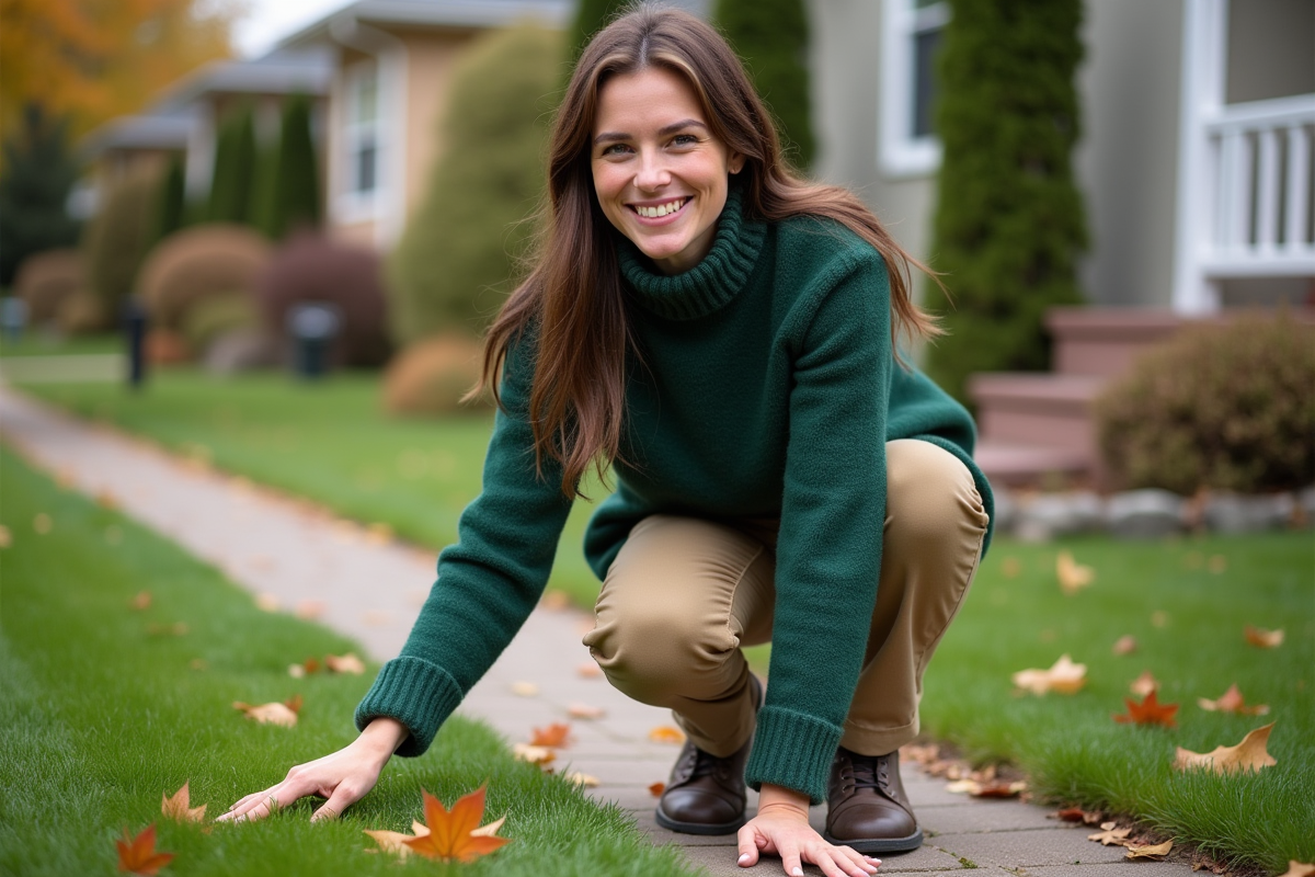 Femme souriante inspectant la pelouse fraîchement coupée