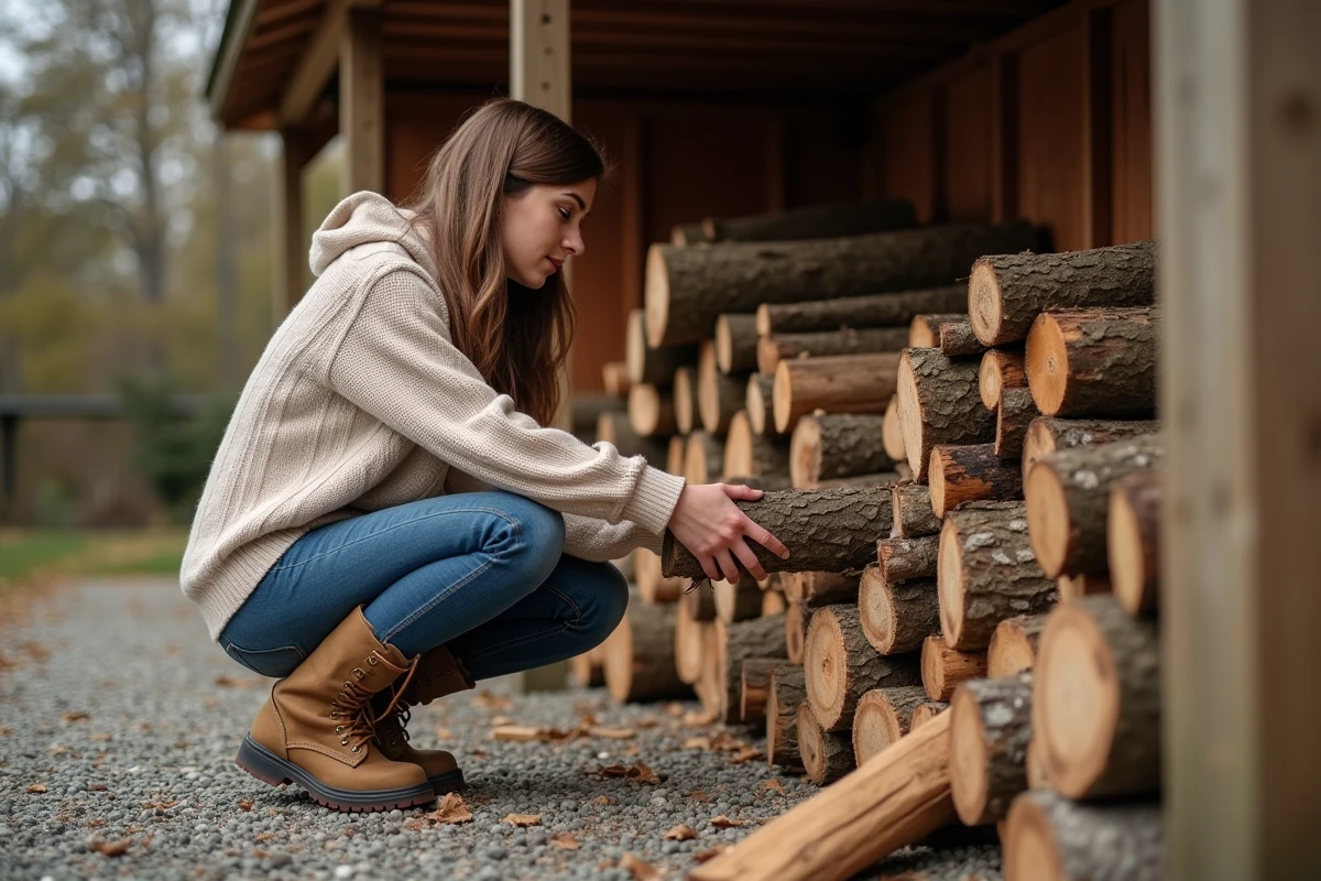 Jeune femme examine une bûche dans un abri en bois