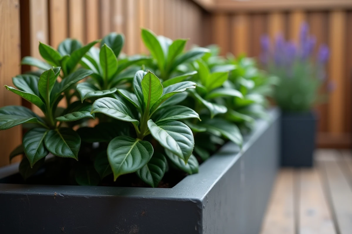 Gros plan sur le feuillage ondulé et brillant du Pittosporum Kohuhu dans un bac ardoise sur terrasse en bois