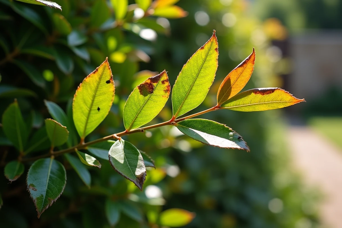 Détail de feuilles de laurier stressées après taille estivale avec bords brunissants