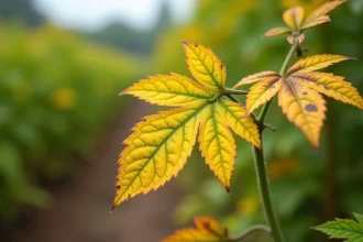 Gros plan sur des feuilles de tomates jaunissantes avec taches et bords bruns sur un plant en pleine terre