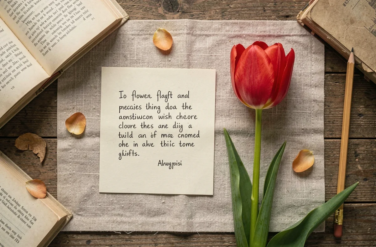 Tulipe jaune et rouge posées côte à côte avec une note manuscrite sur la signification des couleurs de tulipes