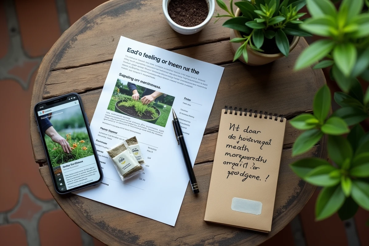 Vue aérienne d'un smartphone affichant un site de jardinage avec des notes et des semences sur une table en bois