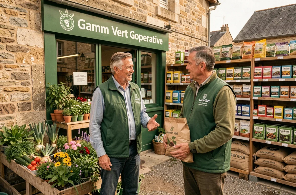 Gamm Vert avec conseiller agronomique en gilet vert accompagnant un client agriculteur au rayon semences