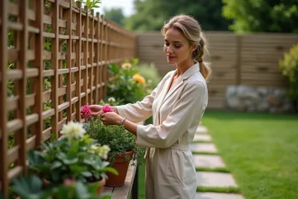 Panneau treillis décoratif dans un jardin avec plantes grimpantes