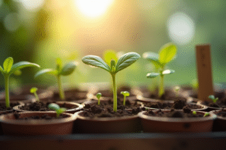Petites graines en germination sur sol humide en pot