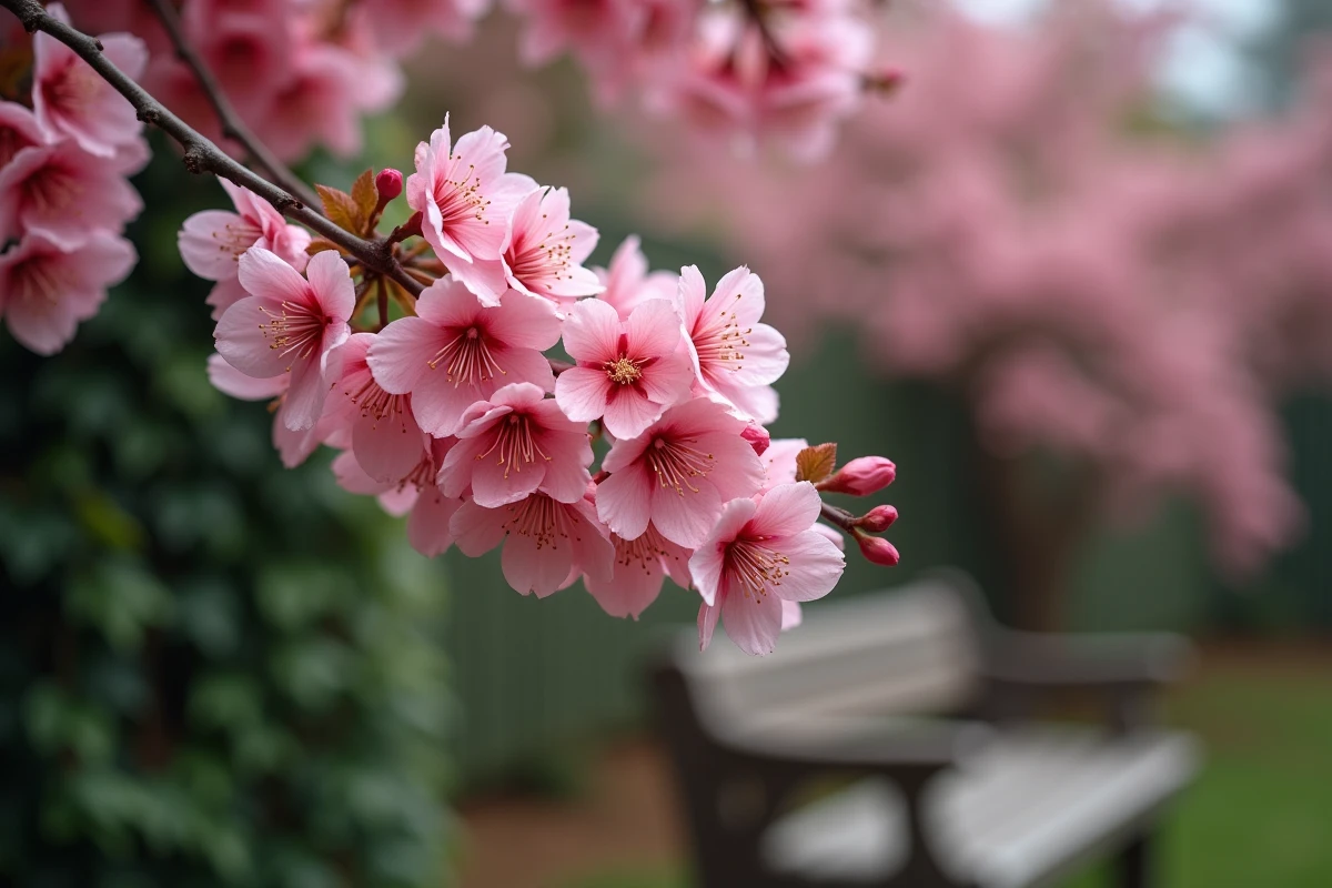 Gros plan sur des fleurs roses d'un arbuste de printemps avec rosée matinale dans un jardin romantique