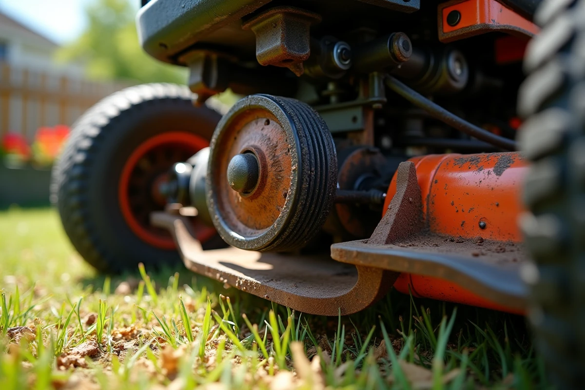 Gros plan sur le mécanisme d'enclenchement de lame et la courroie usée d'un tracteur tondeuse