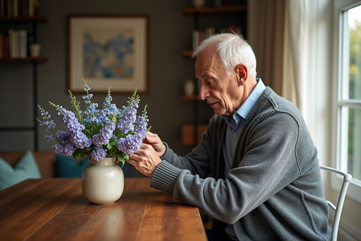 Homme âgé arrangeant un bouquet de fleurs dans un intérieur
