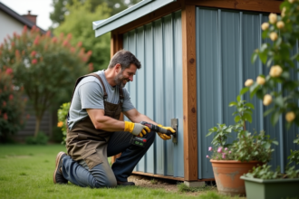 Homme en overalls posant un gage sur un abri de jardin