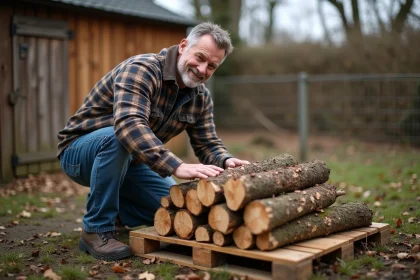 Homme en workwear charge du bois dans un jardin rustique