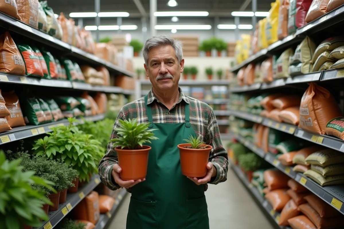 Homme en tablier de jardinage comparant des produits dans une jardinerie