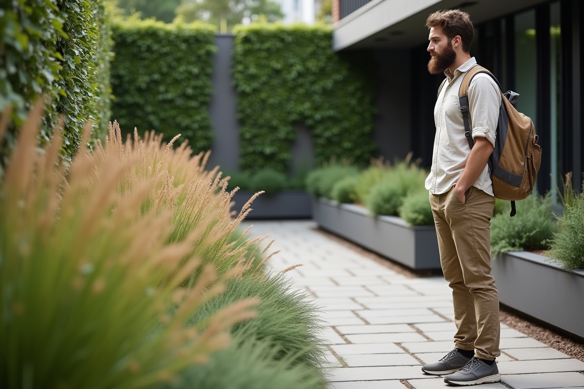 Homme observant des plantes résistantes en jardin urbain