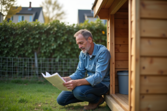 Homme français lisant des documents près d'un abri de jardin