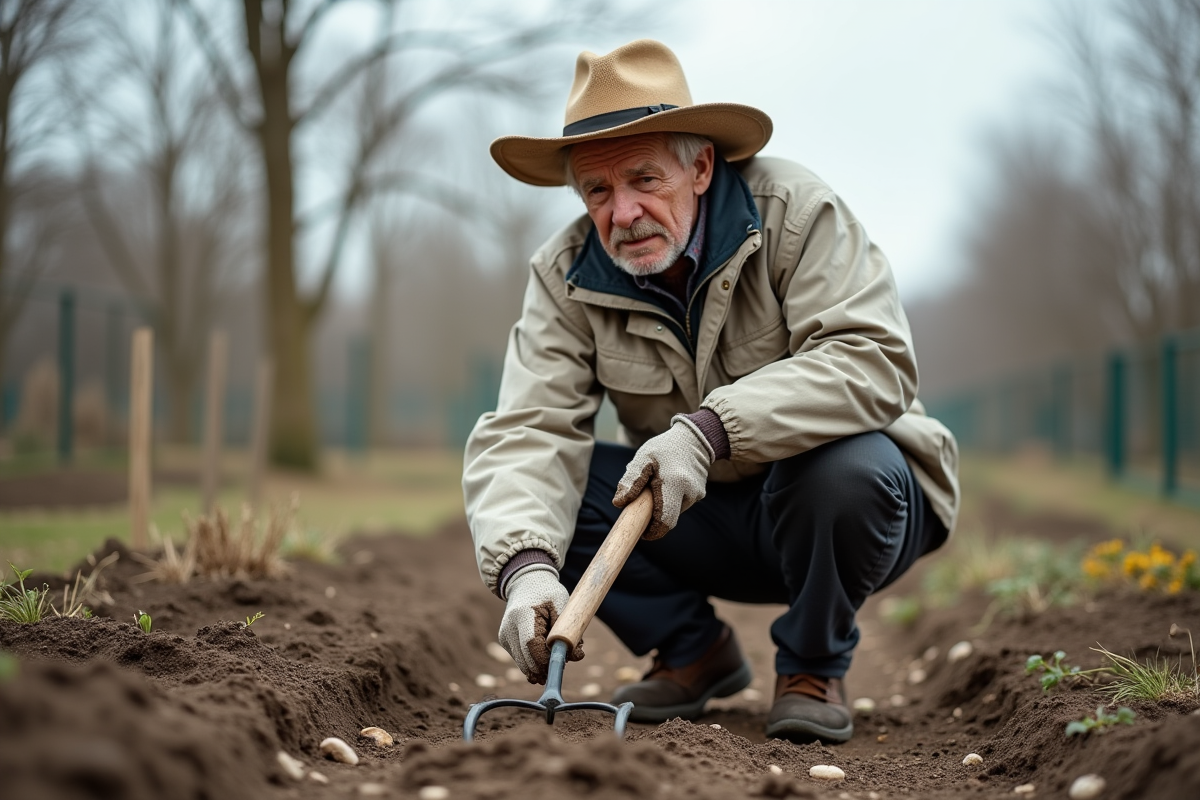 Homme âgé avec chapeau et veste travaillant la terre dans un jardin communautaire
